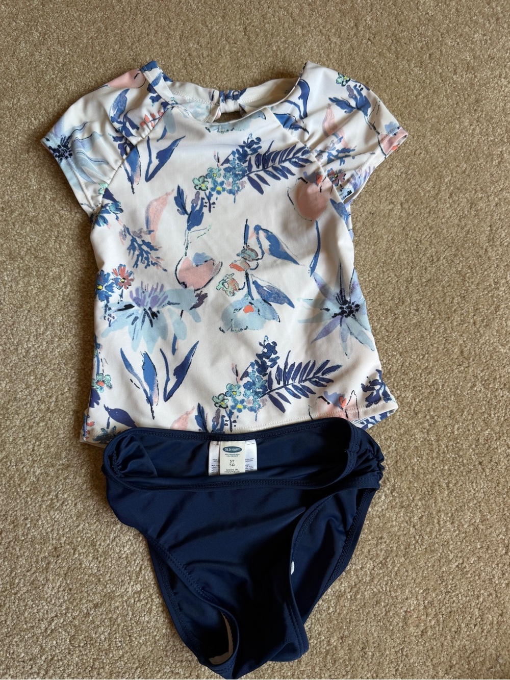 Old Navy Girls Floral Short-Sleeve Rash Guard Set - Navy, White & Pink